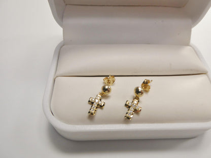 Real 10k Solid Yellow Gold Cross Dropping Push Post Earrings