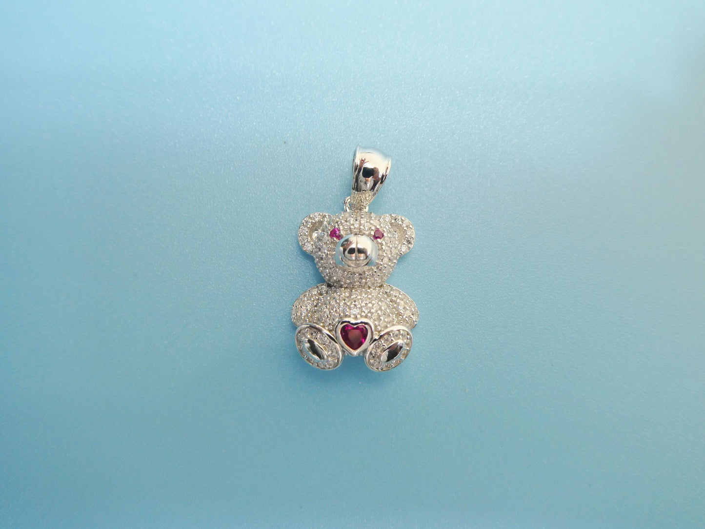 925 sterling silver teddy bear pink stone set chain and pendent