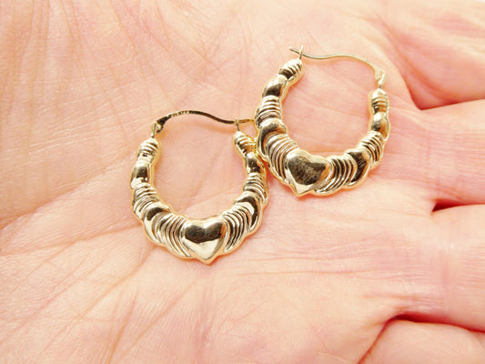women 10k real solid yellow gold heart hoop earrings