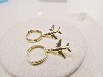 Real 10k Solid Yellow Gold Airplane Hoop Huggies Earrings