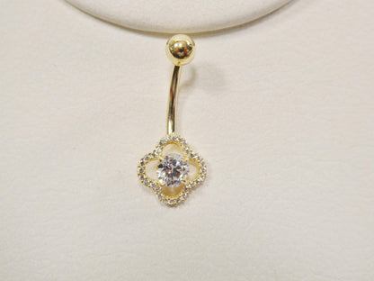14k Real Solid Yellow Gold Flower Shaped Belly Button Ring Piercing