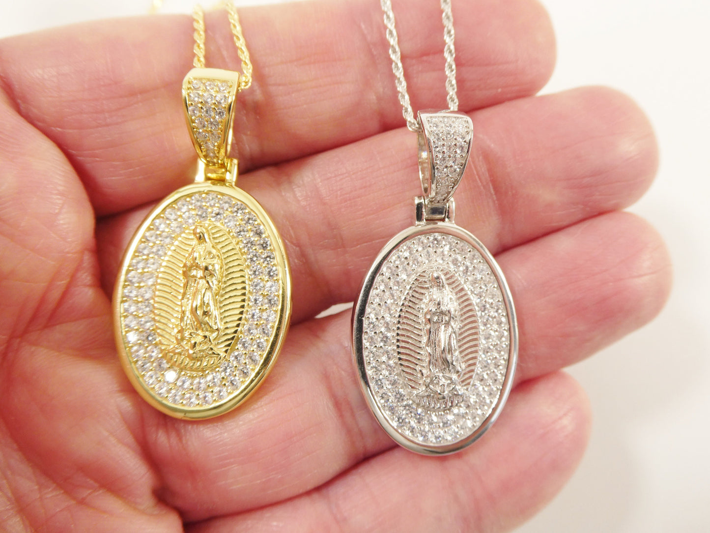 Sterling Silver Guadalupe Pendant Necklace: 14k Gold/Silver, 18 inch