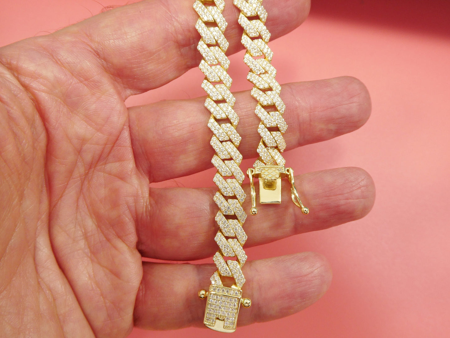 MEN LADIES 14k yellow gold color Monaco bracelet over real solid 925 sterling silver