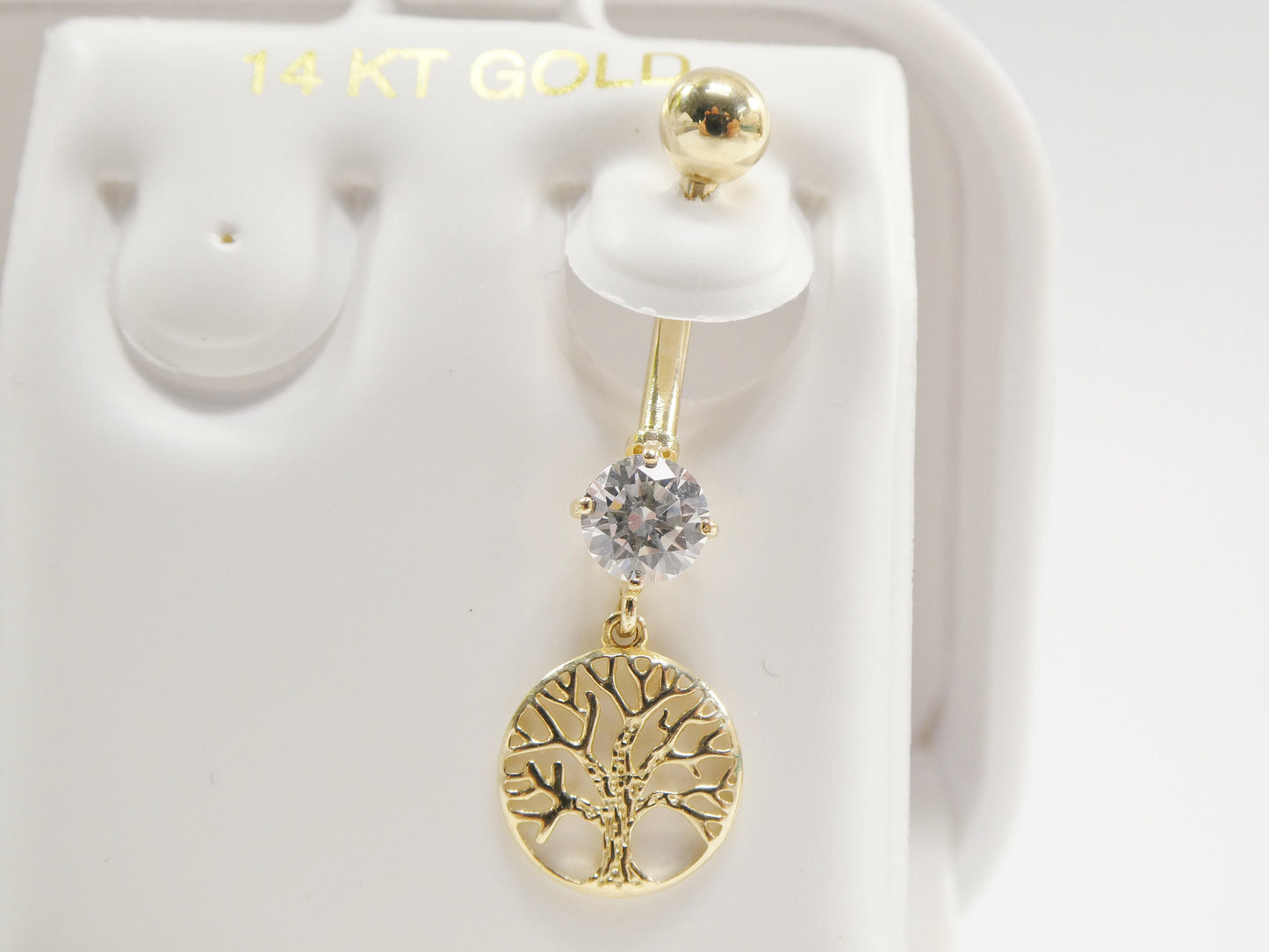 14k real solid yellow gold dangling tree of life belly button ring piercing
