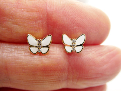 Real 10k Solid Yellow Gold White Enamel Butterfly Screw Back Earrings