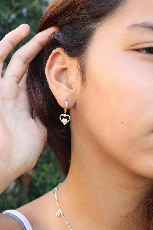 real 10k solid yellow gold double heart dropping huggie earrings