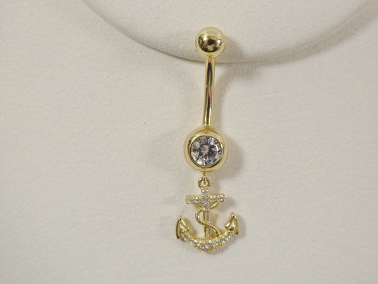 14k real solid yellow gold dangling anchor belly button ring piercing