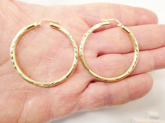 10k real solid yellow gold diamond cut hoop earrings