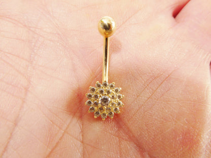 14k Real Solid Yellow Gold Flower Shaped Belly Button Ring Piercing