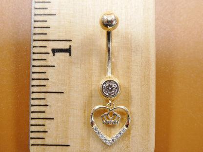 14k Real Solid Yellow Gold Dangling Crown Heart Belly Button Ring Piercing