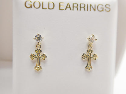 Real 10k Solid Yellow Gold Cross Dropping Push Post Earrings