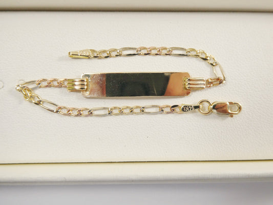 14K real solid yellow gold 6 inch Figaro style tri color baby ID bracelet