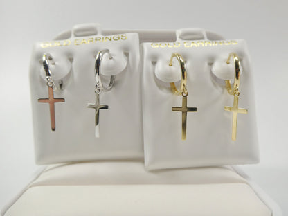 10k Real Solid Yellow Gold Plain Hoop Huggie Cross Dropping