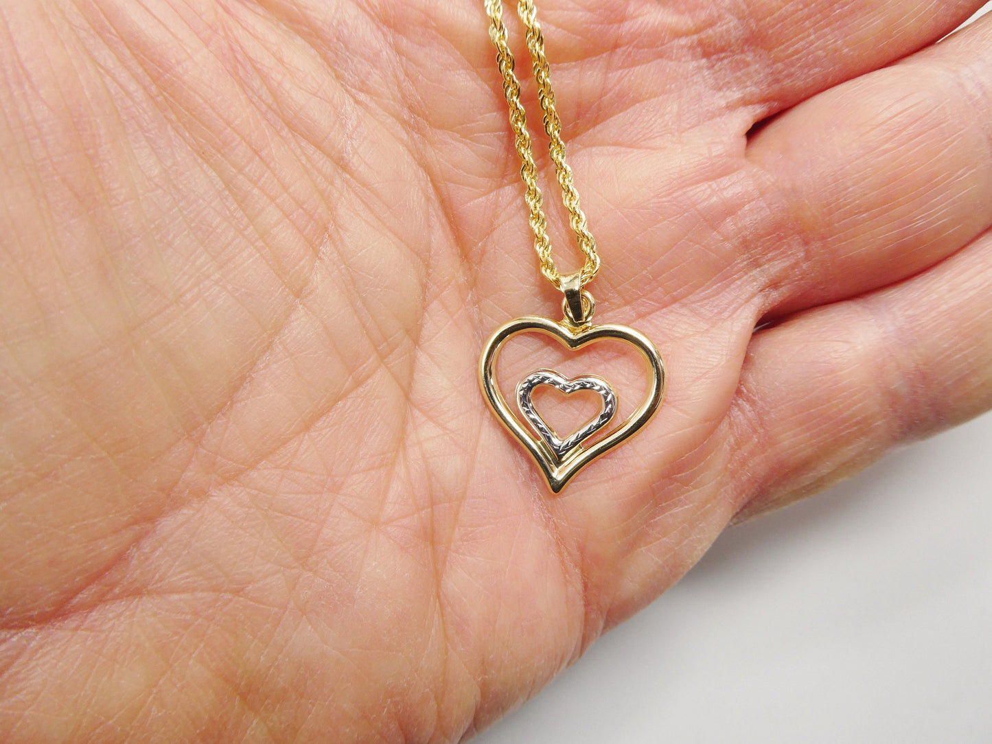 14k real solid yellow gold two tone double heart pendent and robe necklace