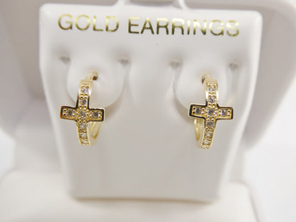 Real 10k Solid Yellow Gold Cross Hoop Huggie Earring