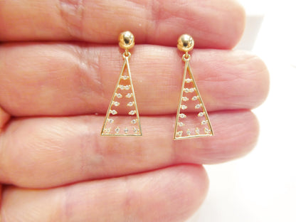 Real 10k Solid Yellow Gold Pyramid Triangle Drop Dangling Push Post Earrings
