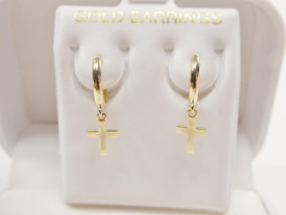 Real 10k Solid Yellow Gold Cross Dropping Hoop Huggie Earrings