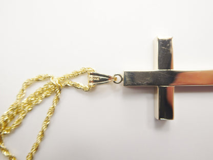 14k Real Solid Yellow Gold Super High Polish Cross Pendent and Robe Necklace