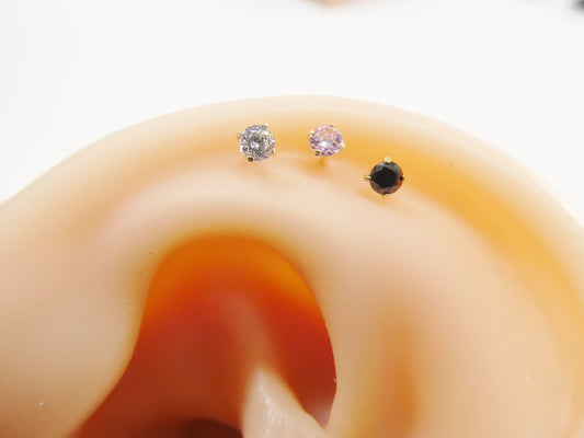 3MM 14k real solid yellow gold color stone cartilage flat screw back piercing
