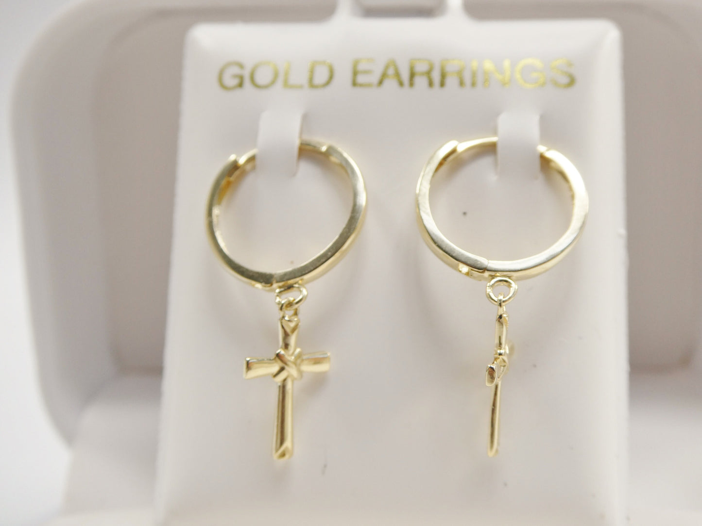 real 10k solid yellow gold hoop huggie dangle plain cross earrings