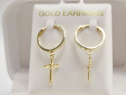 Real 10k Solid Yellow Gold Hoop Huggie Dangle Plain Cross Earrings