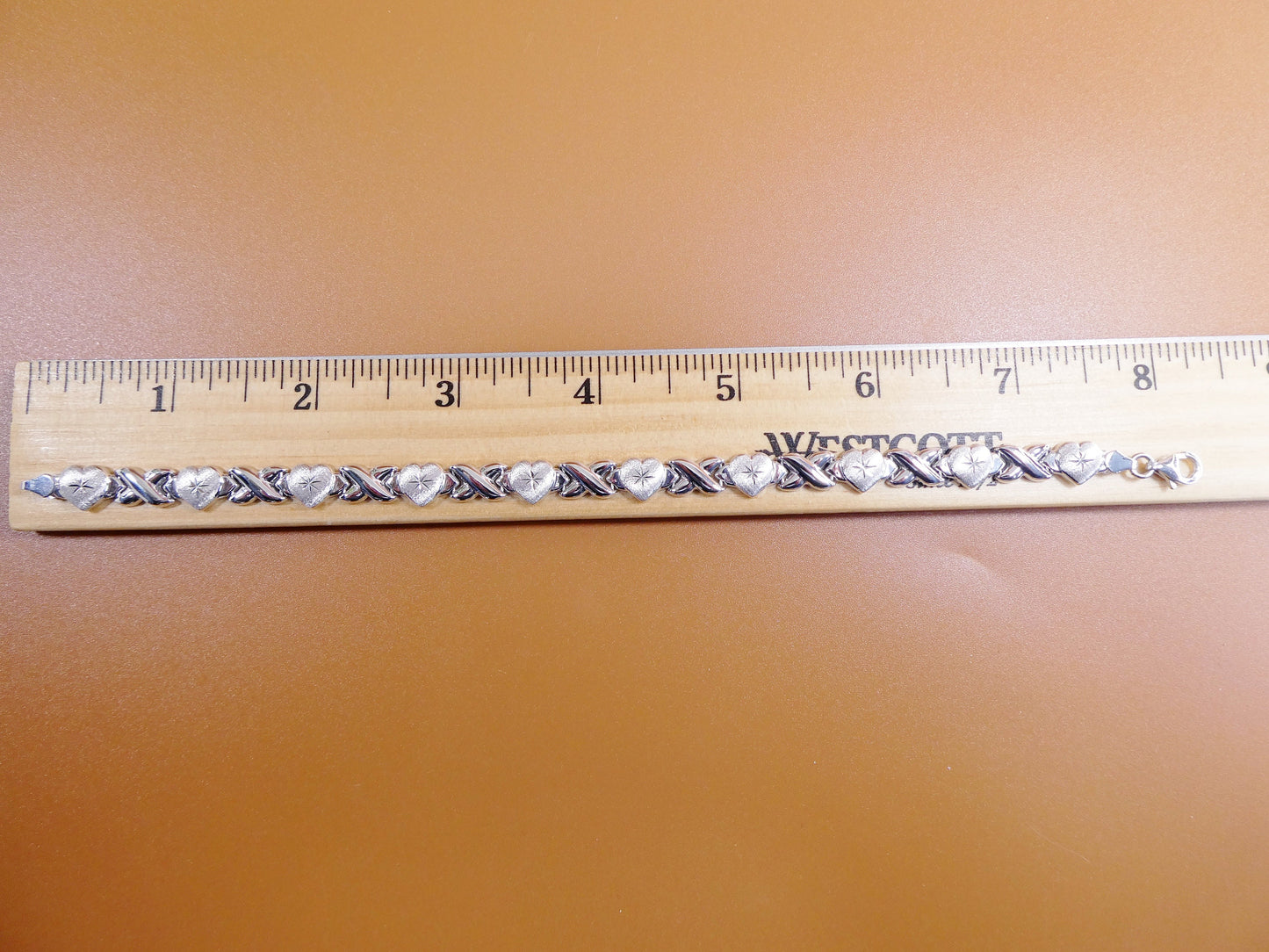 8 inch xoxo heart stampato bracelet 14k white gold color finish over real 925 sterling silver