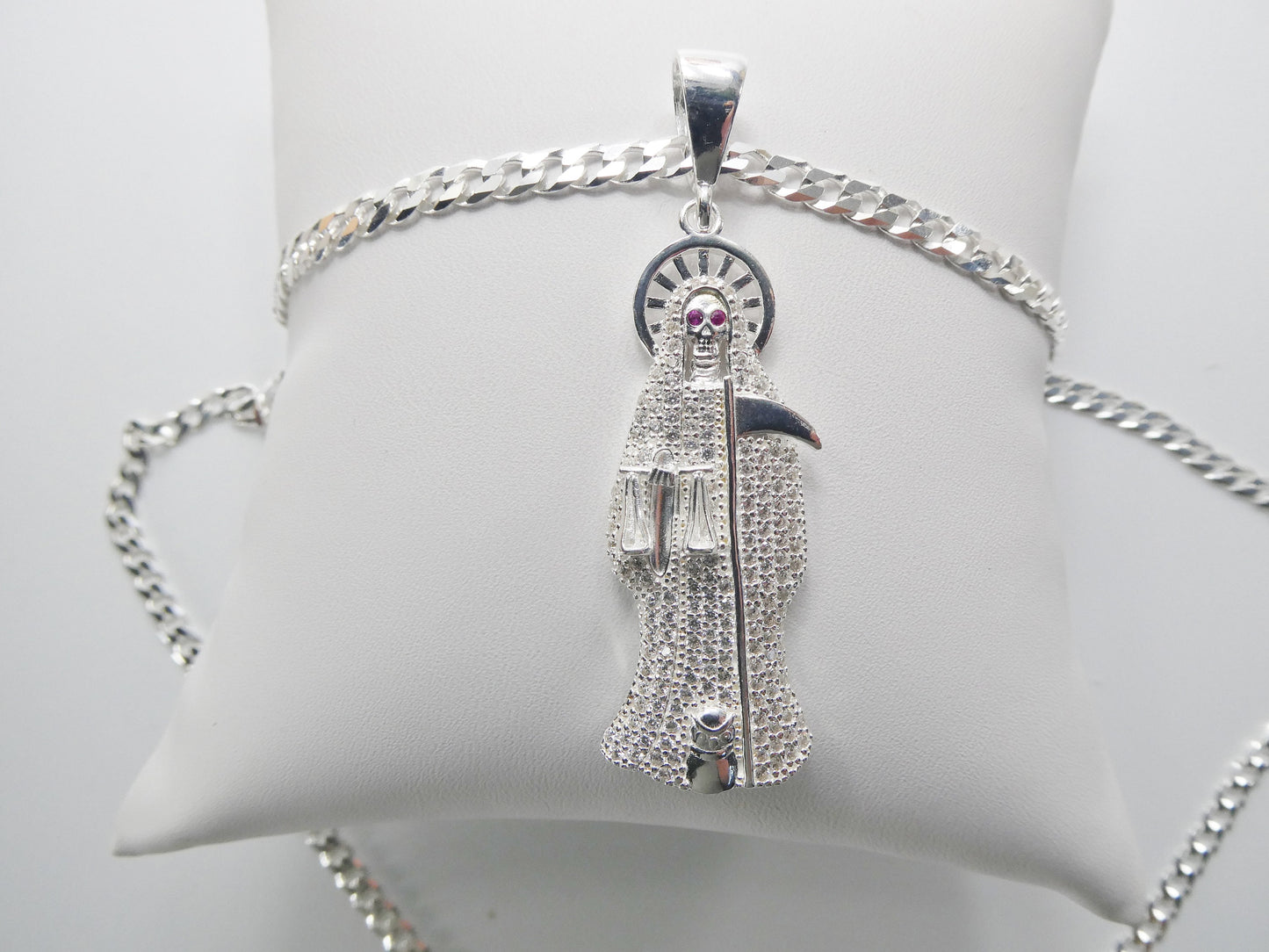 real 925 sterling silver 22 inch flat chain and large santa muerte pendent charm