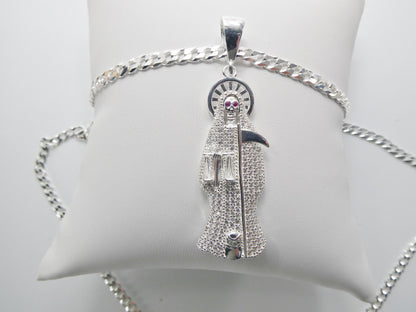 Real 925 Sterling Silver 22 inch Flat Chain And Large Santa Muerte Pendent Charm