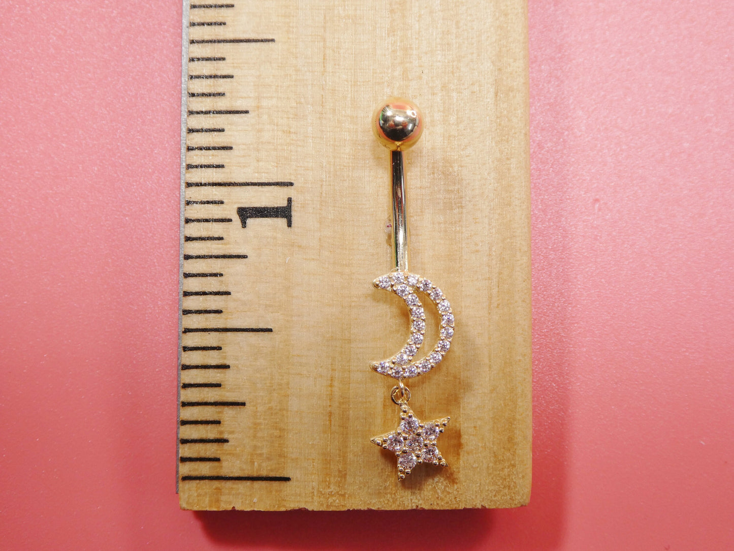14k real solid yellow gold moon and star belly button ring piercing