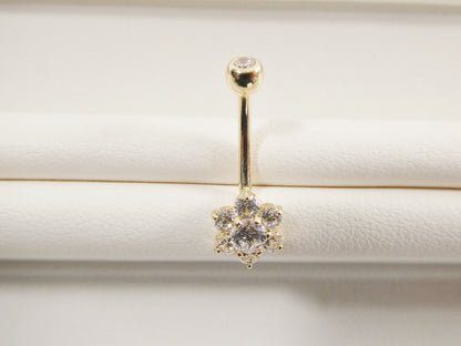 14k Real Solid Yellow Gold Flower Belly Button Ring Piercing