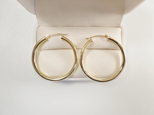 14K real solid yellow gold 3mm /35mm round hoop earring snap closure high polish finish