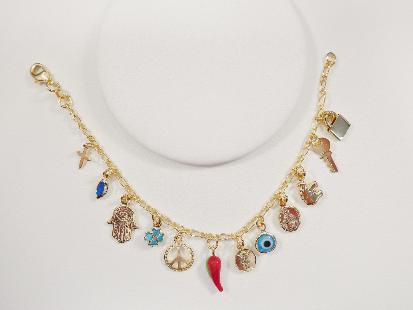 6 inch 18k gold filled multi full dangling charm Figaro style baby bracelet