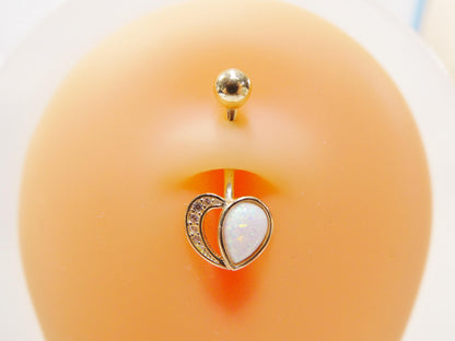 14k Real Solid Yellow Gold Heart Shape Opal Belly Button Ring piercing