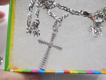 Real 925 Sterling Silver 22 Inch Flat Chain and Moissanite Cross Pendent Charm