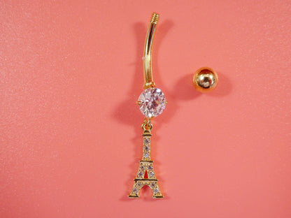 14k Real Solid Yellow Gold Eiffel Tower Belly Button Ring Piercing