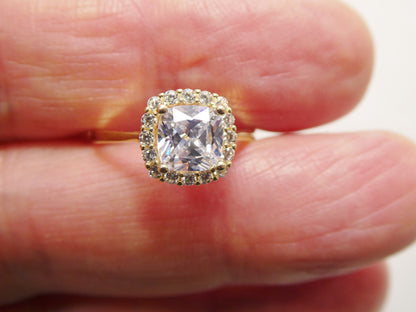 14k Real Solid Yellow Gold Engagement Cushion Cut Cubic Zirconia Ring