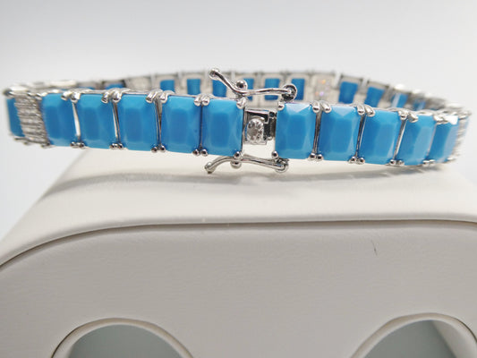 7 inch real 925 sterling silver rectangle turquoise tennis bracelet