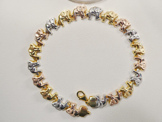 6.5 /7/ 8/ 10 inch tri color elephant bracelet 14k gold color tone over real 925 sterling silver