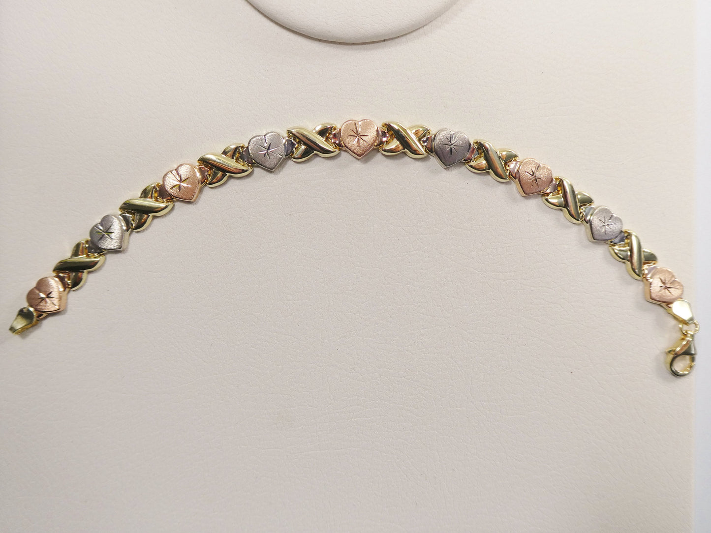 real 10k solid yellow gold xo heart hugs and kisses tri color stampato bracelet