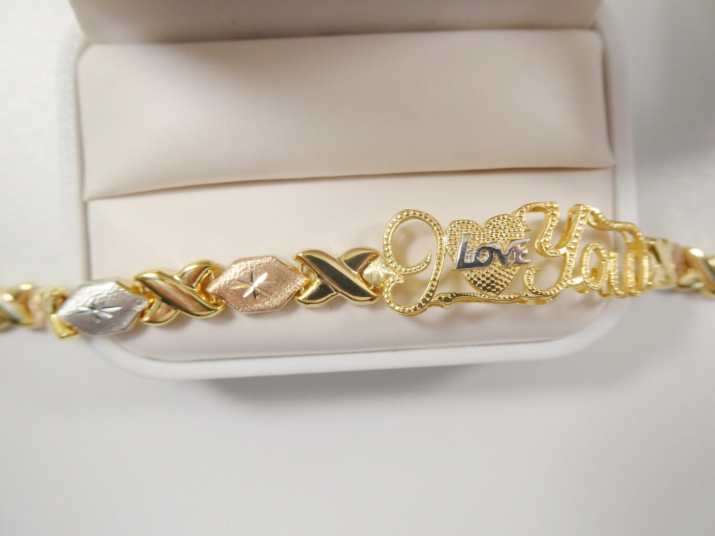 Sterling Silver I Love You XO Bracelet - Tri Color 14k Gold Finish