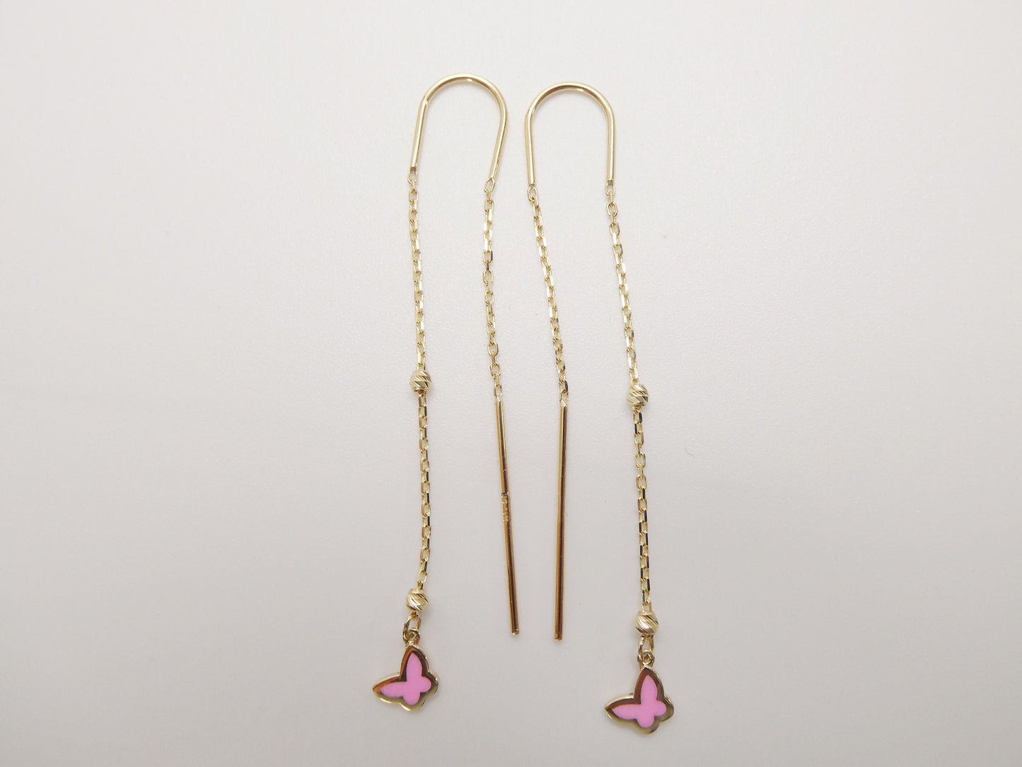 14k real solid yellow gold pink butterfly long dangling earrings