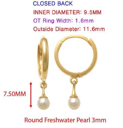 Real 10k Solid Yellow Gold Dangling Cultured Freshwater Pearl Plain Hoop Huggie Earrings