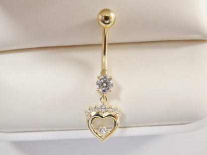 14k Real Solid Yellow Gold Heart Dangling Belly Button Ring Piercing