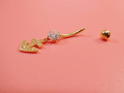 14k Real Solid Yellow Gold Dangling Anchor Belly Button Ring Piercing