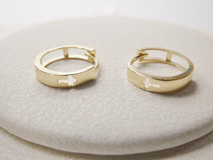 Real 10k Solid Yellow Gold Cross Engraved Hoop Huggie Earring