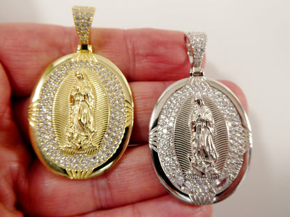 Real 925 Sterling Silver Large Guadalupe Virgin Mary Medallion Pendent
