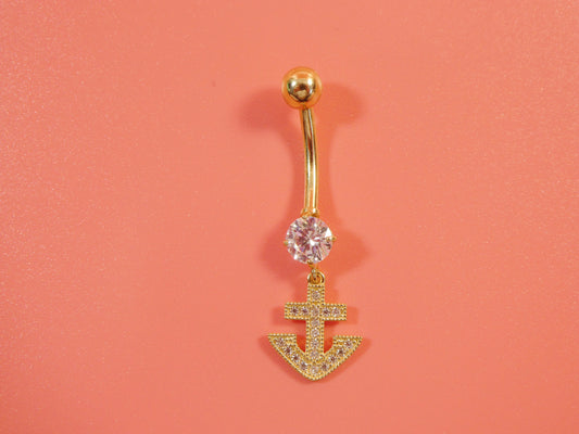 14k real solid yellow gold dangling anchor belly button ring piercing