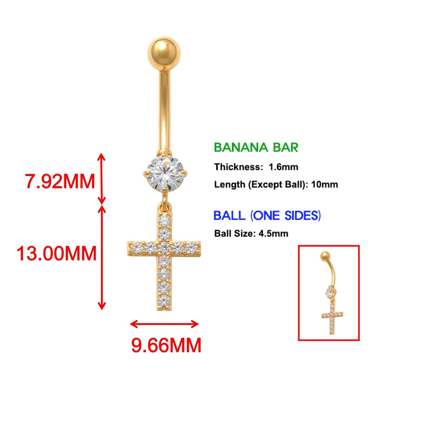 14k real solid yellow gold dangling cross belly button ring piercing