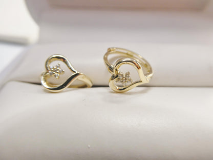 Real 10k Solid Yellow Gold Designer Heart Flower Hoop Huggie Earrings