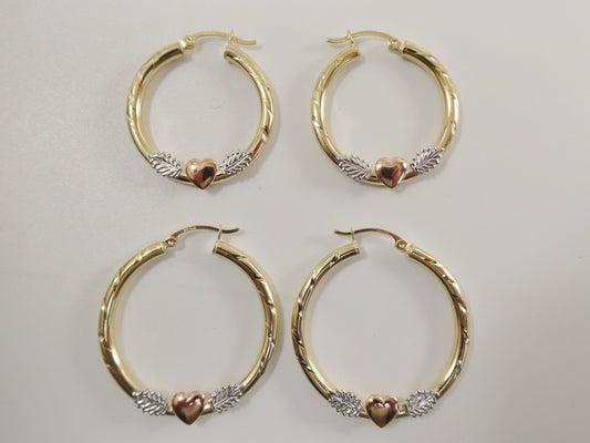 14K real solid yellow gold 3mm /25mm/35MM tri color heart center snap hoop earring